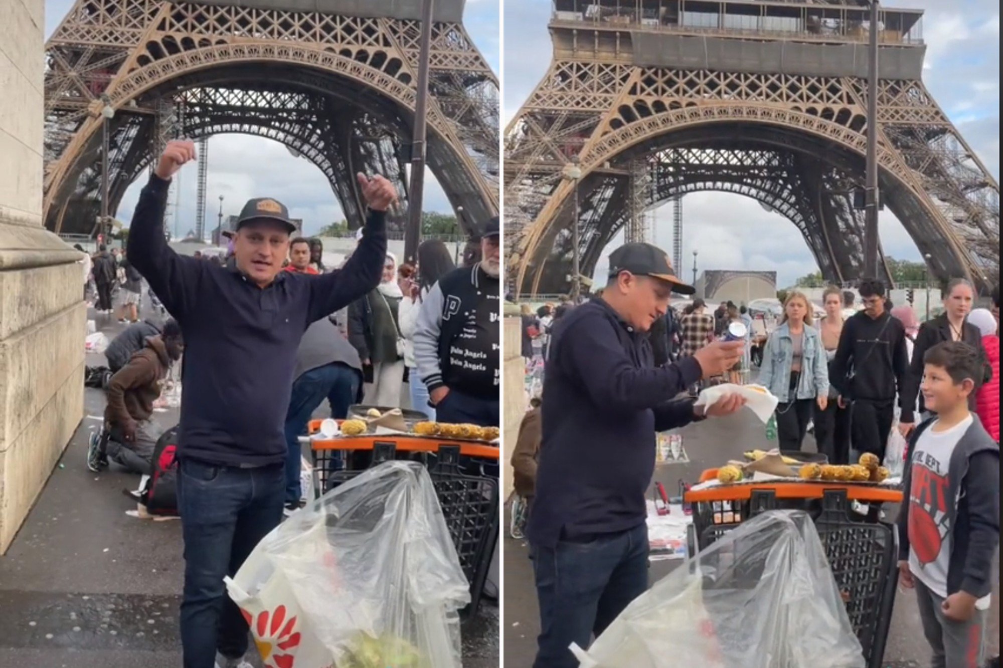 Un entrepreneur vend du maïs à côté de la Tour Eiffel avec un étal de rue à Paris