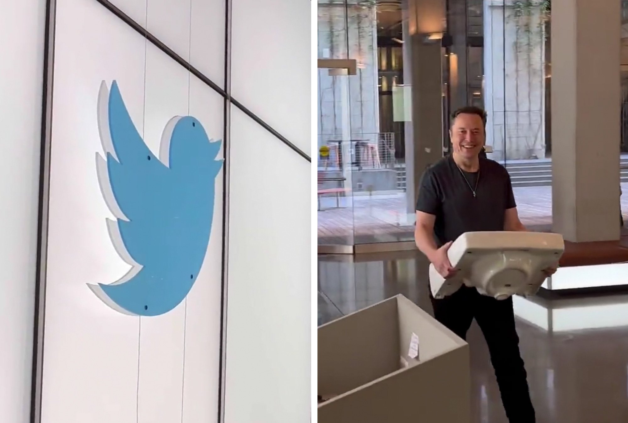 Elon Musk entró a las oficinas centrales de Twitter en San Francisco, California, cargando un lavamanos cuando tomó posesión de la empresa, en octubre de 2022.