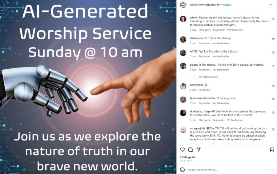 Algunas de las reacciones al servicio generado por IA / Imagen: Violet Crown City Church vía Instagram