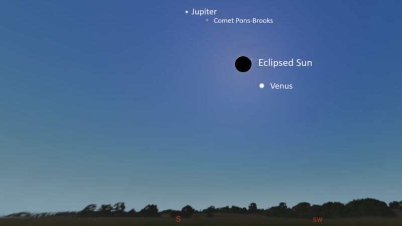 Durante el eclipse solar total del 8 de abril de 2024, el cielo se oscurecerá lo suficiente como para poder ver Venus y Júpiter. El cometa Pons-Brooks estará cerca de Júpiter / Imagen vía Stellarium/Kelly Kizer Whitt