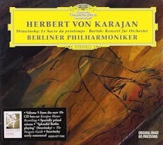 Portada de _La consagración de la primavera_ de Stravinski por la Filarmónica de Berlín dirigida por Herbert von Karajan.