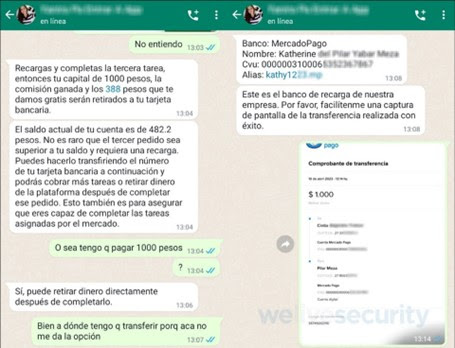 Ejemplo de supuesta oferta de empleo en la que piden un depósito de dinero inicial | Imagen: ESET