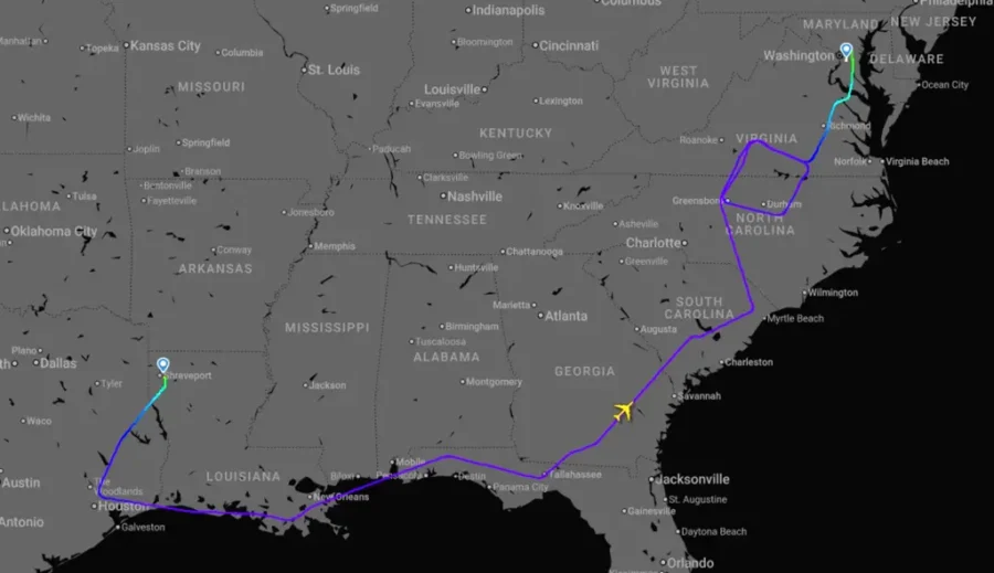 Trayectoria de vuelo del avión E-4B | Imagen: FlightRadar24