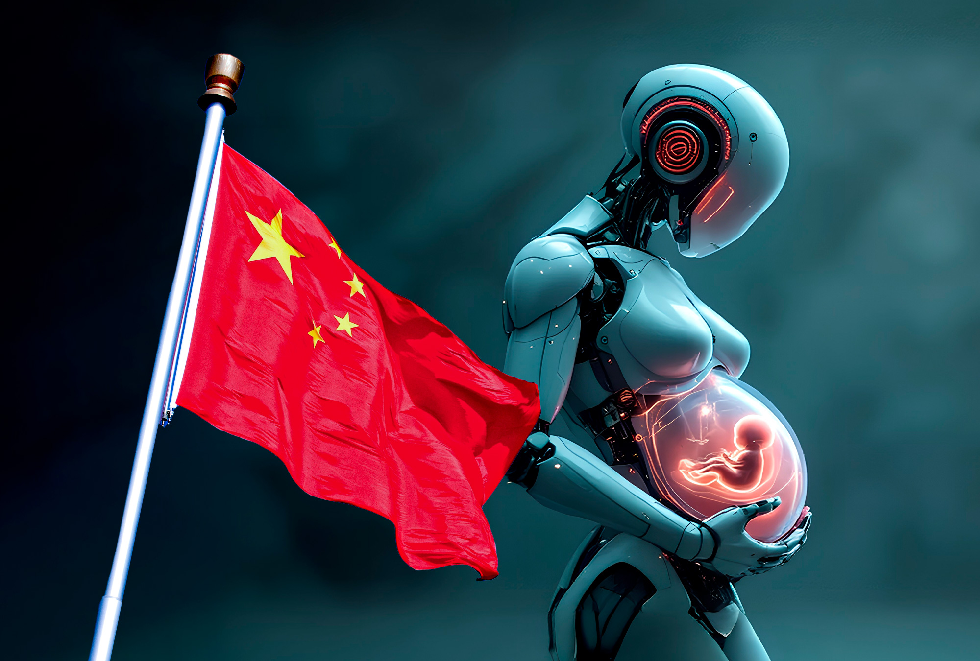 Ilustración conceptual de un robot humanoide con útero artificial integrado.