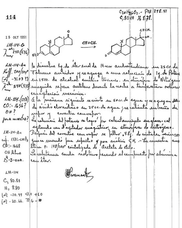 En su cuaderno de laboratorio, Luis Miramontes documentó los pasos finales en la síntesis de noretindrona | Imagen: Archivo Personal Luis Miramontes