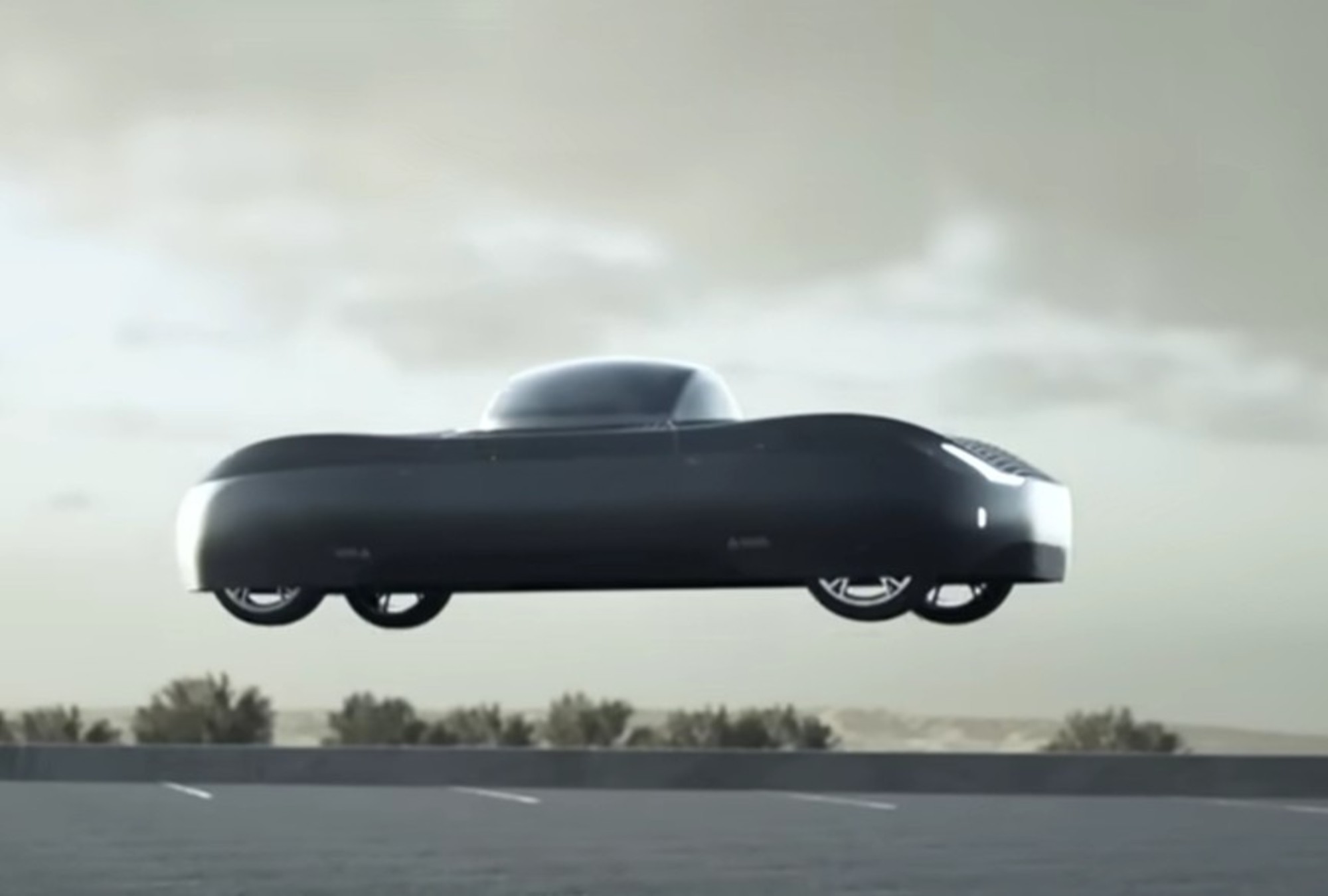 Vista del auto volador eléctrico que puede despegar verticalmente.