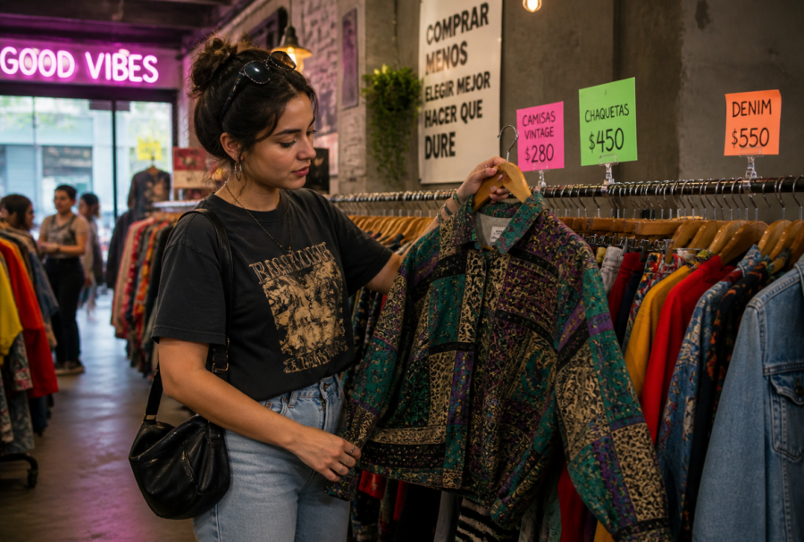 México lidera en América Latina el consumo de ropa de segunda mano, impulsado por jóvenes, ahorro y moda circular | Imagen: Hecho con IA vía ChatGPT.