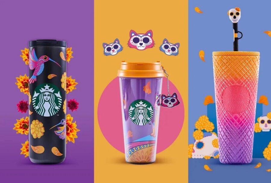La línea incluye tazas, vasos, cold cups y tumblers inspirados en calaveras, flores, esqueletos y papel picado | Imagen: Cortesía Starbucks